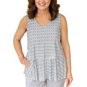 2/$15 Susan Graver Tiered Tunic Tank Top Gray White Sleeveless Size M